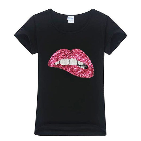 Embroidered Lips Sequins T-shirt