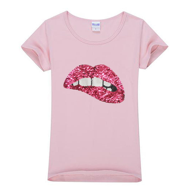 Embroidered Lips Sequins T-shirt