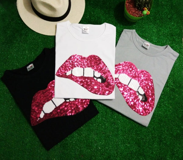 Embroidered Lips Sequins T-shirt