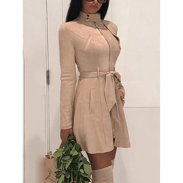 Autumn Women Sash Suede Trench Style Casual Leather Pocket Long Women  Warm Cardigan Sweater Dress
