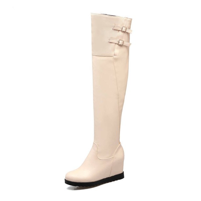Round Toe Autumn Winter Women Zipper With Buckle Over The Knee Wedge Boots