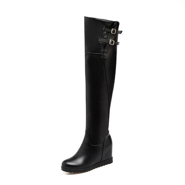 Round Toe Autumn Winter Women Zipper With Buckle Over The Knee Wedge Boots