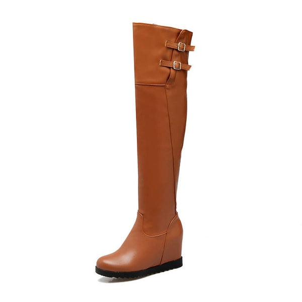 Round Toe Autumn Winter Women Zipper With Buckle Over The Knee Wedge Boots