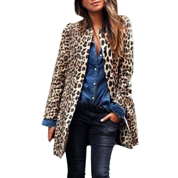 Women Leopard Sexy Warm Cardigan Leopard Print Long Coat