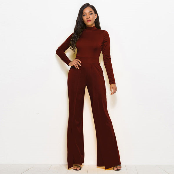 Women's O Neck Long Sleeve Elegant Wide-leg Romper Bodysuit Jumpsuit