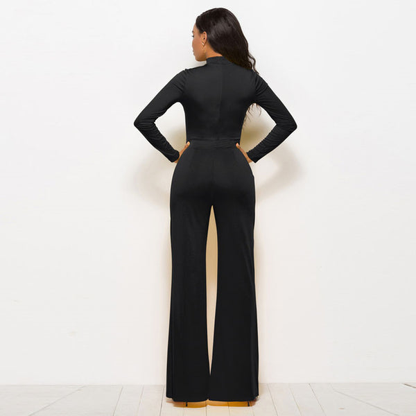 Women's O Neck Long Sleeve Elegant Wide-leg Romper Bodysuit Jumpsuit