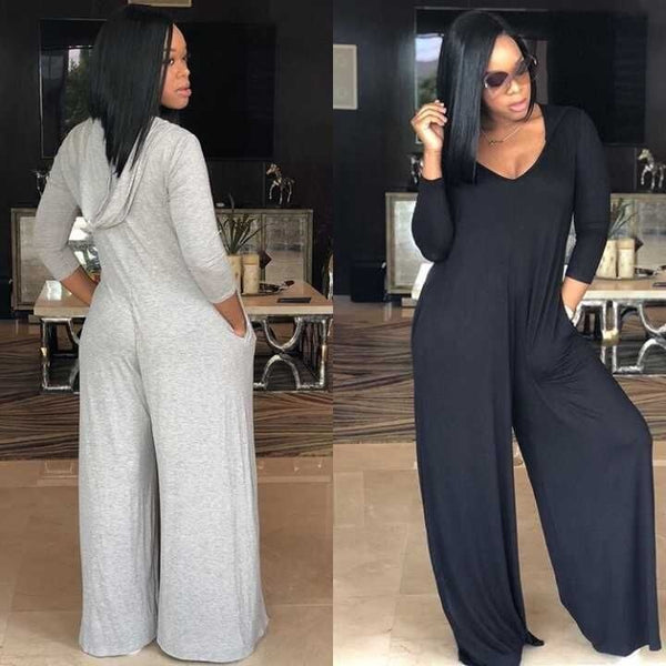 Women Wide Legged Hooded Full Sleeve Loose Chiffon Jumpsuit Romper With Pockets
