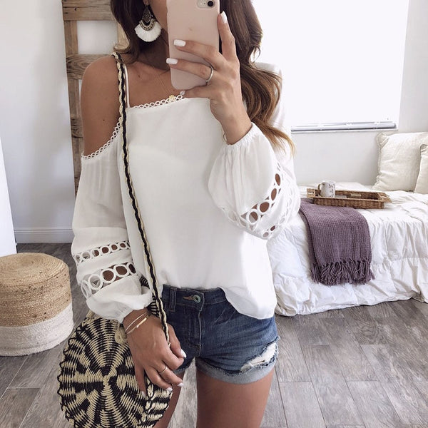 White Open Shoulder Spaghetti Strap Shirt Blouses