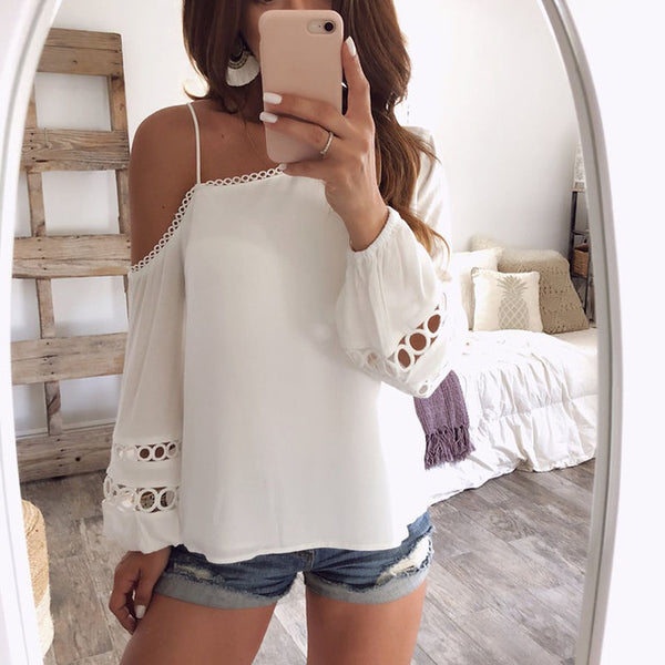 White Open Shoulder Spaghetti Strap Shirt Blouses