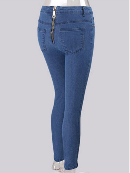 Women's HOT Fashion Stylish Sexy Long Mid Waist Skinny Pencil Blue Denim Back Zipper Stretch Jeans