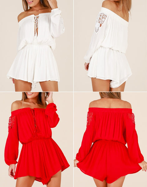 Off Shoulder Sexy Play Flare Sleeve Casual Lace Up Romper Jumpsuits