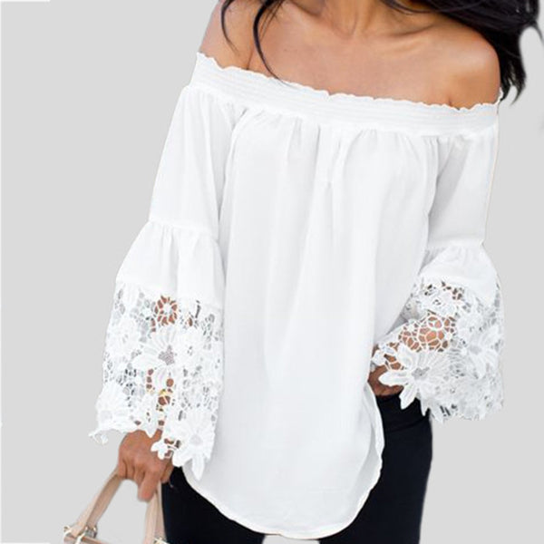Womens White Lace Off Shoulder Long Sleeve Blouse