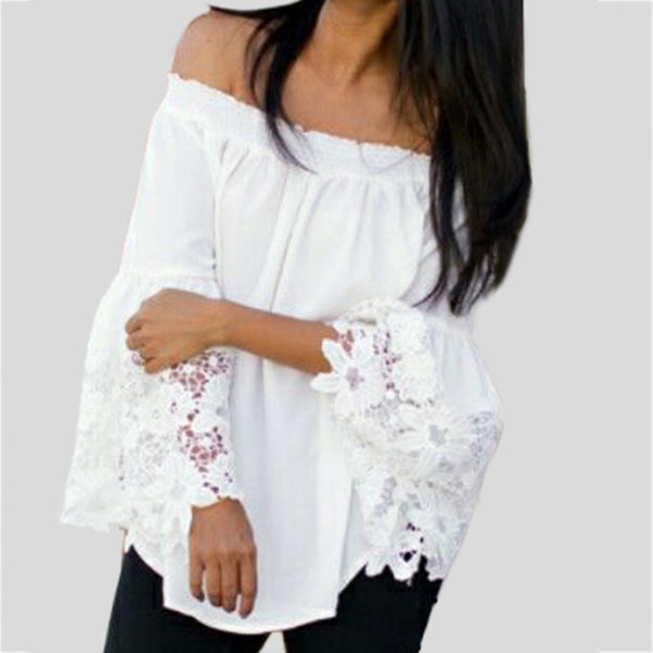 Womens White Lace Off Shoulder Long Sleeve Blouse