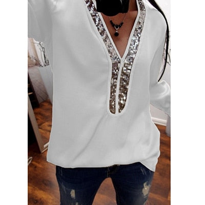 Sexy V Neck Sequins Chiffon Long Sleeve Blouse