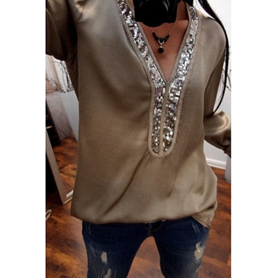 Sexy V Neck Sequins Chiffon Long Sleeve Blouse