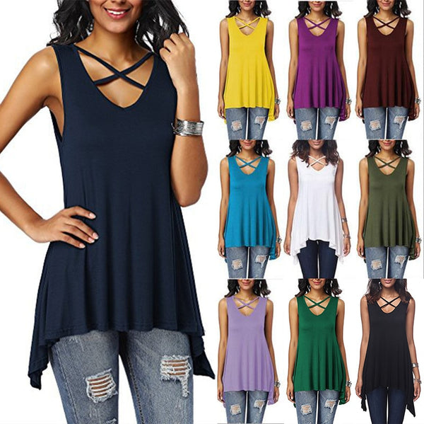 Sexy Criss Cross V Neck Ladies Sleeveless Casual Tops