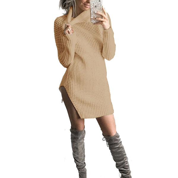 Women Autumn Knitted Elastic Turtleneck Long Sleeve Sexy Side Split Sweater Dress