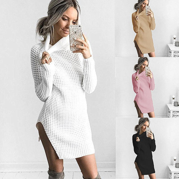 Women Autumn Knitted Elastic Turtleneck Long Sleeve Sexy Side Split Sweater Dress