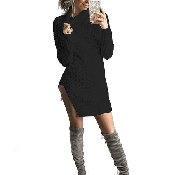 Women Autumn Knitted Elastic Turtleneck Long Sleeve Sexy Side Split Sweater Dress