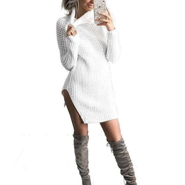 Women Autumn Knitted Elastic Turtleneck Long Sleeve Sexy Side Split Sweater Dress