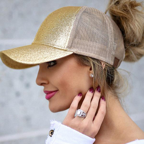 Glitter Ponytail Baseball Cap Women Snap-back Hat Summer Messy Bun Mesh Hats Casual Adjustable Sport Caps