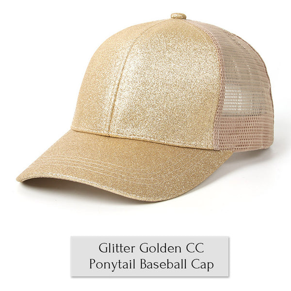 Glitter Ponytail Baseball Cap Women Snap-back Hat Summer Messy Bun Mesh Hats Casual Adjustable Sport Caps