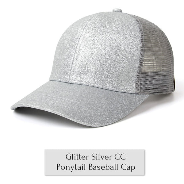 Glitter Ponytail Baseball Cap Women Snap-back Hat Summer Messy Bun Mesh Hats Casual Adjustable Sport Caps