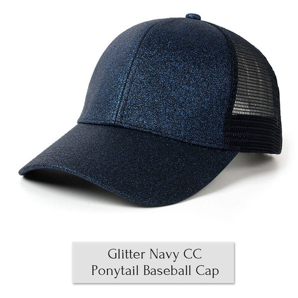 Glitter Ponytail Baseball Cap Women Snap-back Hat Summer Messy Bun Mesh Hats Casual Adjustable Sport Caps