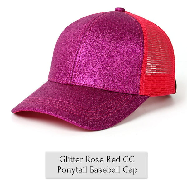 Glitter Ponytail Baseball Cap Women Snap-back Hat Summer Messy Bun Mesh Hats Casual Adjustable Sport Caps