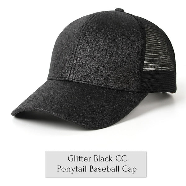 Glitter Ponytail Baseball Cap Women Snap-back Hat Summer Messy Bun Mesh Hats Casual Adjustable Sport Caps