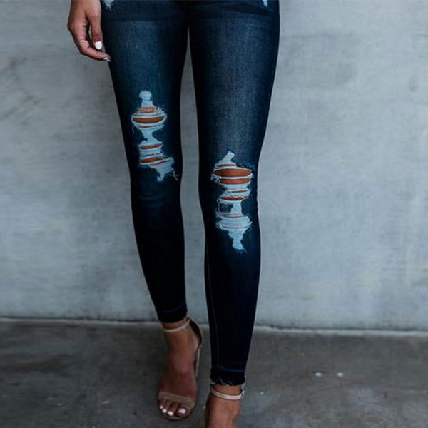 Dark Blue Jeans Pencil High Waist Slim Hole Ripped Stretch  Denim Skinny Jeans