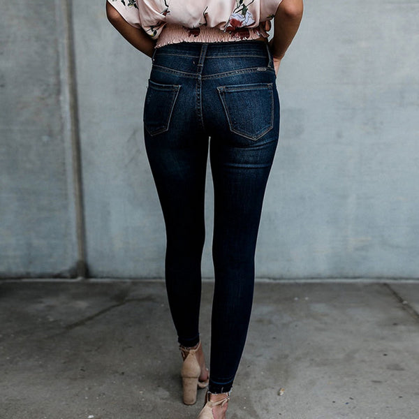 Dark Blue Jeans Pencil High Waist Slim Hole Ripped Stretch  Denim Skinny Jeans