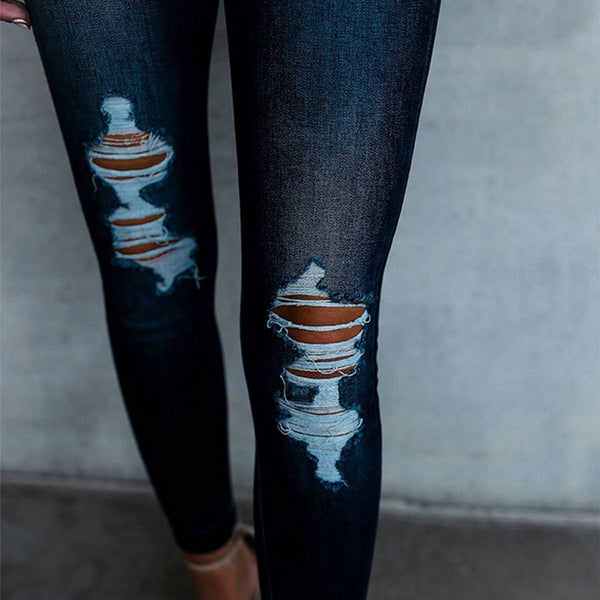 Dark Blue Jeans Pencil High Waist Slim Hole Ripped Stretch  Denim Skinny Jeans