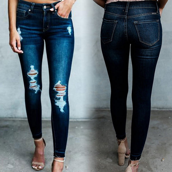 Dark Blue Jeans Pencil High Waist Slim Hole Ripped Stretch  Denim Skinny Jeans