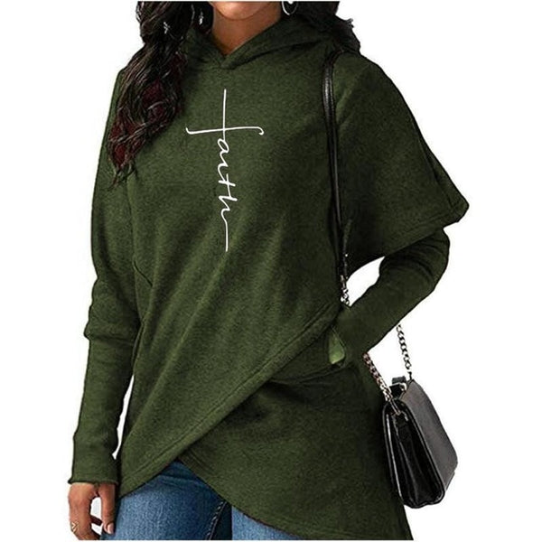 Women Long Sleeve Faith Embroidery Warm Hooded Pullover Casual Female Sweatshirt Hoodie