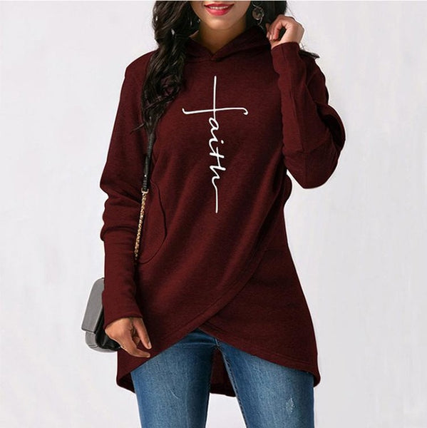 Women Long Sleeve Faith Embroidery Warm Hooded Pullover Casual Female Sweatshirt Hoodie