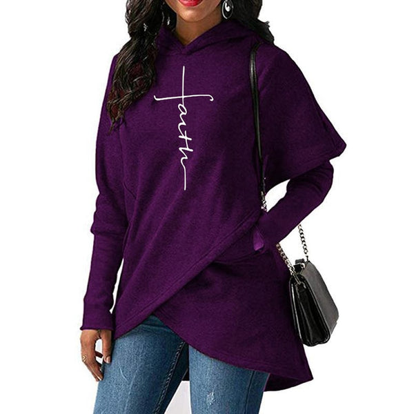 Women Long Sleeve Faith Embroidery Warm Hooded Pullover Casual Female Sweatshirt Hoodie