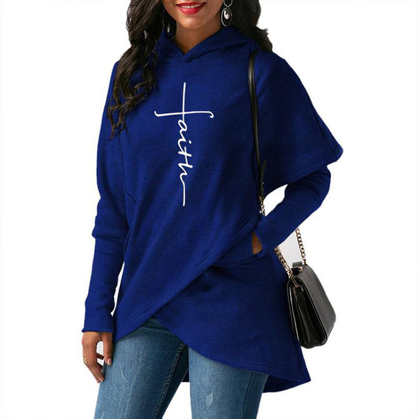 Women Long Sleeve Faith Embroidery Warm Hooded Pullover Casual Female Sweatshirt Hoodie