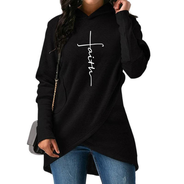 Women Long Sleeve Faith Embroidery Warm Hooded Pullover Casual Female Sweatshirt Hoodie