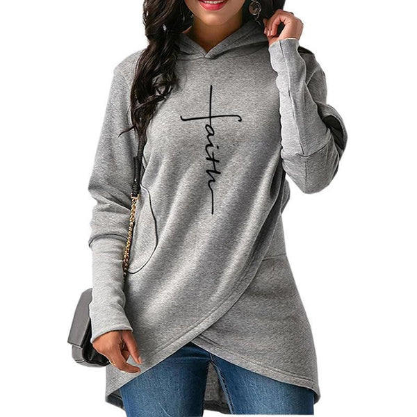 Women Long Sleeve Faith Embroidery Warm Hooded Pullover Casual Female Sweatshirt Hoodie