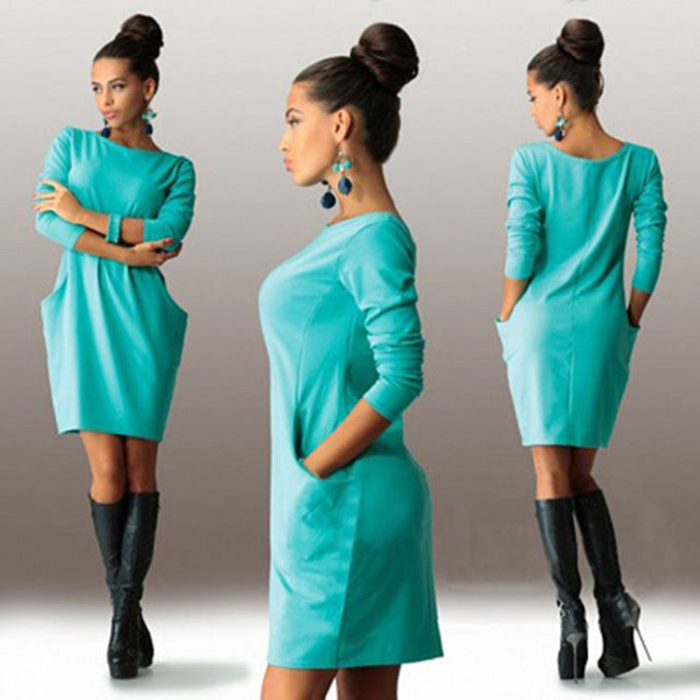 Women Solid Pockets Casual Loose Autumn Dress Women's O-Neck Long Sleeve Mini Dresses