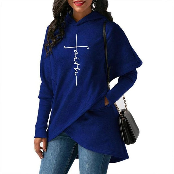 Women Long Sleeve Faith Embroidery Warm Hooded Pullover Casual Female Sweatshirt Hoodie