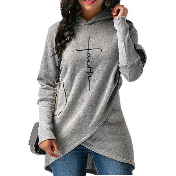 Women Long Sleeve Faith Embroidery Warm Hooded Pullover Casual Female Sweatshirt Hoodie