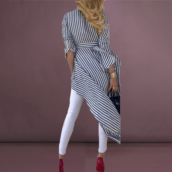 Women Fashion Elegant Asymmetrical Long Striped Blouse