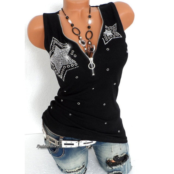 Women Star Beading Zipper V Neck Sleeveless Blouse Shirts