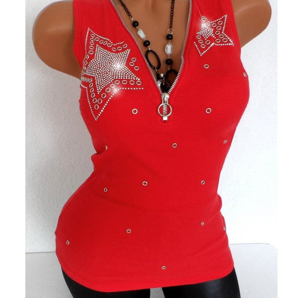 Women Star Beading Zipper V Neck Sleeveless Blouse Shirts