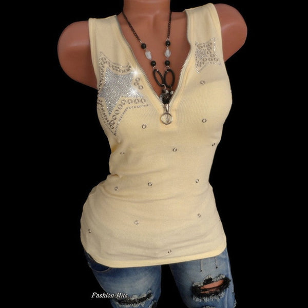 Women Star Beading Zipper V Neck Sleeveless Blouse Shirts