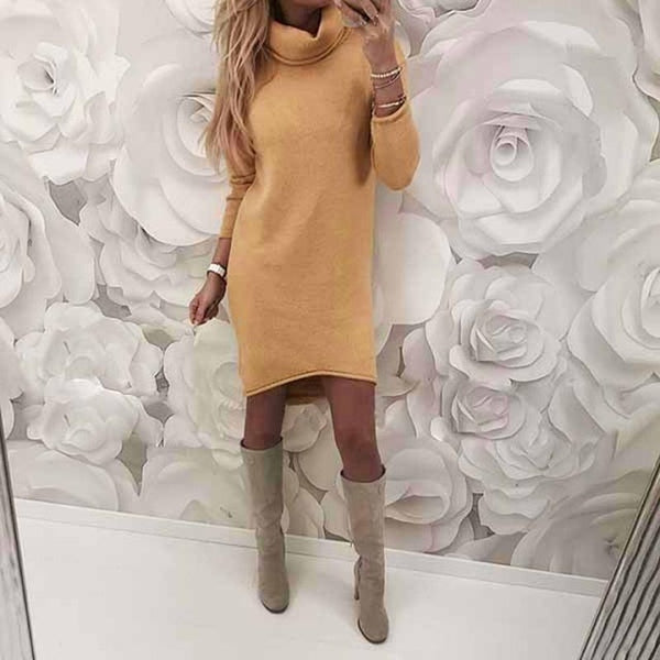 Women Elegant Solid Long Sleeve Winter Vintage Dress