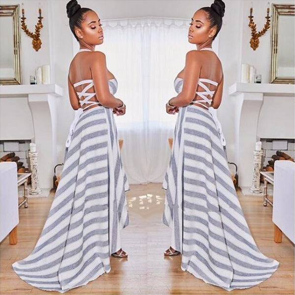 Striped Sleeveless Long Striped Cross Lace Up Dress