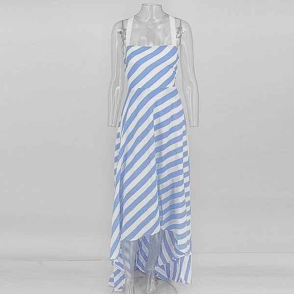 Striped Sleeveless Long Striped Cross Lace Up Dress